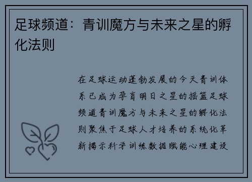足球频道：青训魔方与未来之星的孵化法则