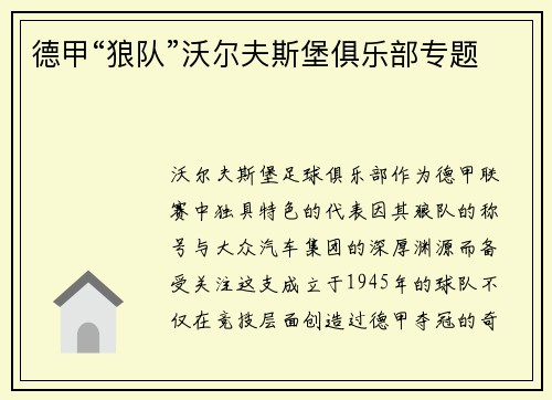 德甲“狼队”沃尔夫斯堡俱乐部专题
