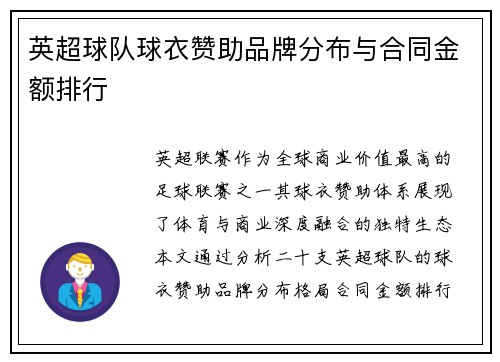 英超球队球衣赞助品牌分布与合同金额排行