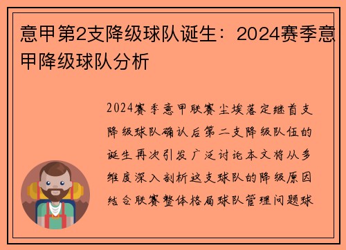 意甲第2支降级球队诞生：2024赛季意甲降级球队分析